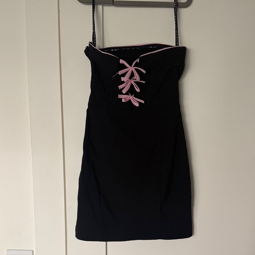 Katie J NYC Black Strapless Sheath Dress with Thin Straps